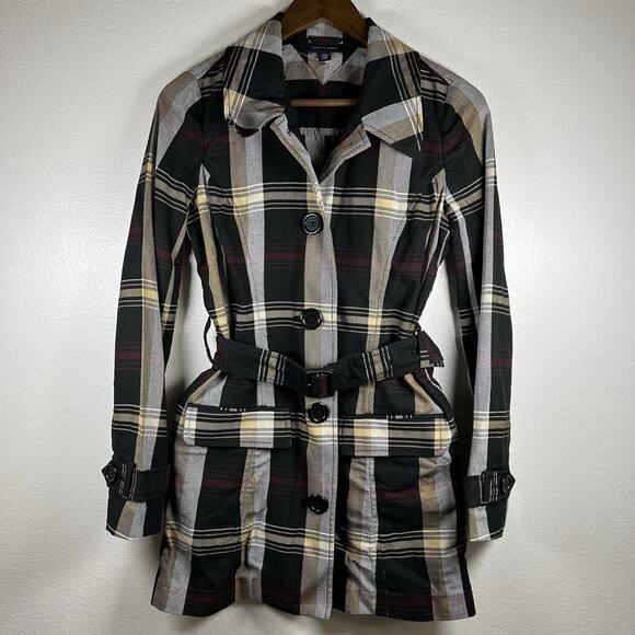 Tommy Hilfiger Flannel Plaid Belted Button-Down Cozy Plaid Jacket Trench Coat XS - Picture 1 of 13